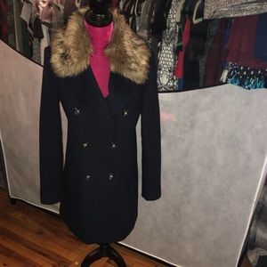 Navy Blue Peacoat with Faux Fur Collar